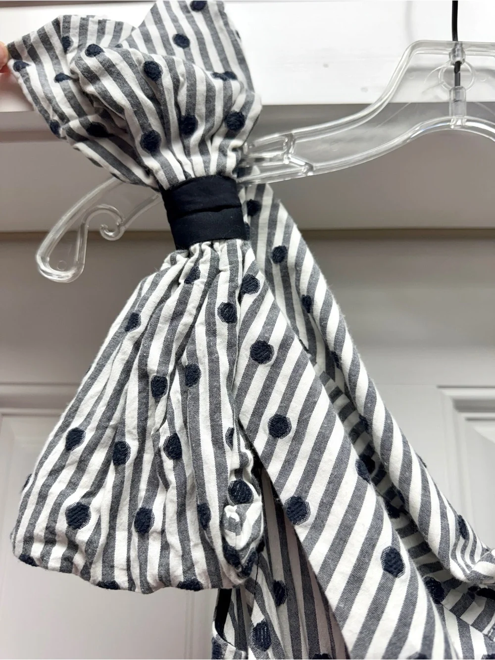 Anne Fontaine Polka Dot Striped Off-the-Shoulder Cotton Midi Dress Navy White 10